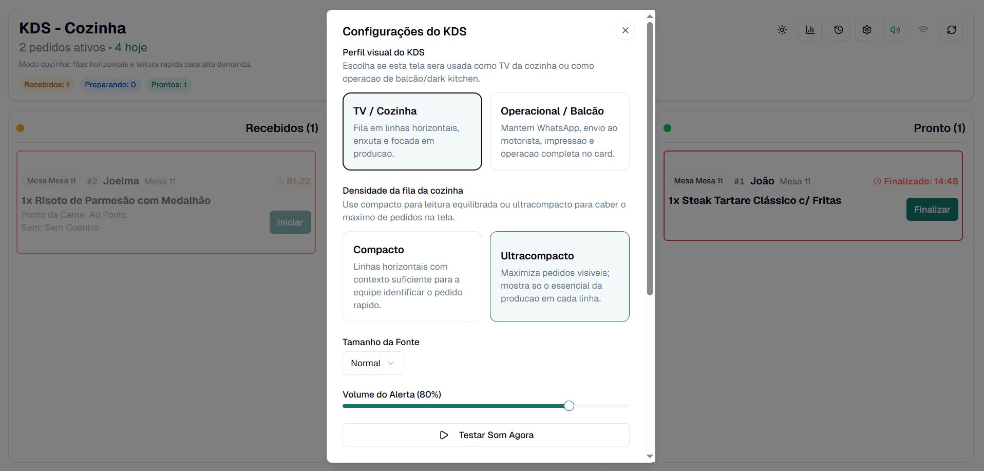 Tela KDS da CentralFood com gestão detalhada da cozinha