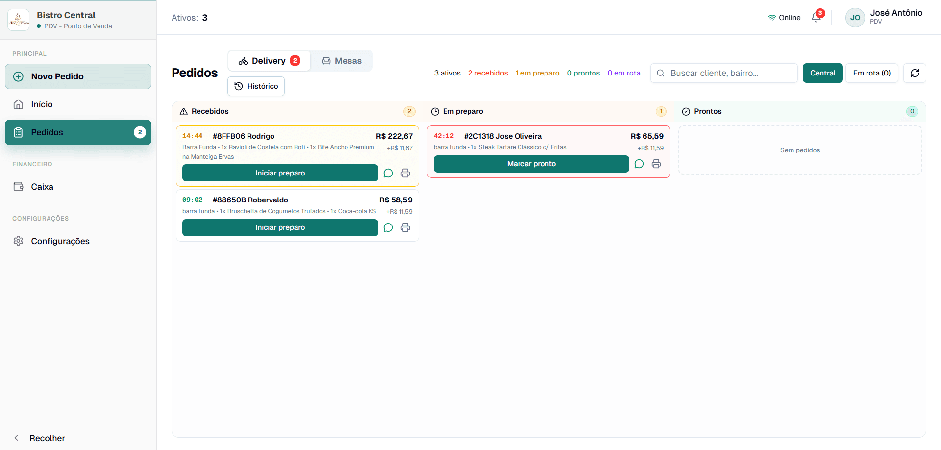 Tela de PDV da CentralFood com operação de frente de caixa